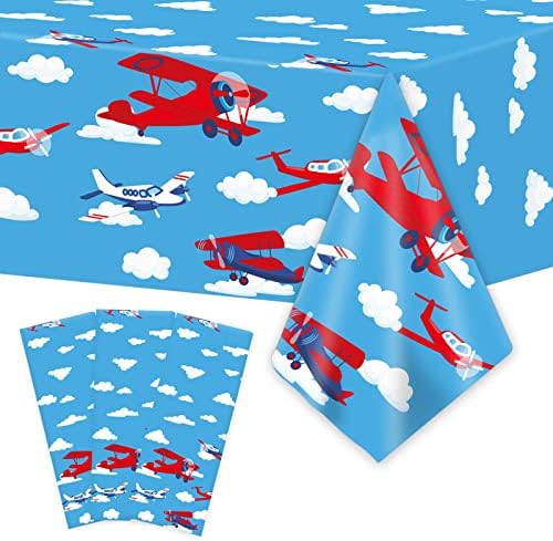 Wiooffen 3pcs Airplane Party Tablecloth Supplies Disposable Helicopter Theme Table Cover Favors Plastic Tablecloths Birthday Decorations for Kids, 54” x 108”