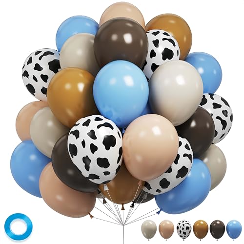 Image of Blue Cow Print Balloons - Western Cowboy Baby Shower Decorations, Light Blue & Brown Cow Latex Balloons for Farm Animal Theme Birthday Party Supplies