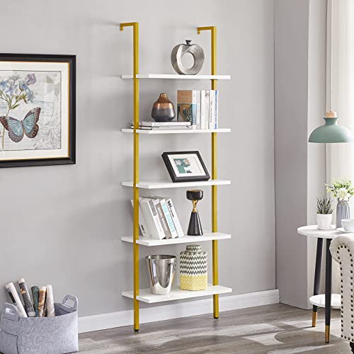 Praisun Ladder Shelf, 5 Tier Industrial Bookshelf For Bedroom, Open Wall Mount Bookshelf, Display Storage Rack Organizer, White And Gold Shelves #TOP1