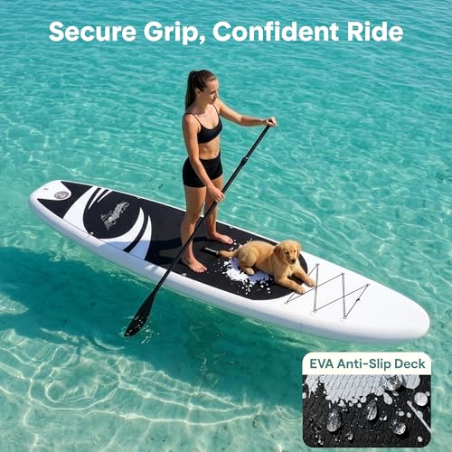 Image of SereneLife 10'6 inch Inflatable Stand Up Paddle Board with Premium SUP Accessories - 32 inch Wide Stable Design with Non-Slip EVA Deck Pad, for Youth and Adults, 350 lbs. Capacity