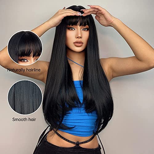 EMMOR Black Wigs Long Straight Wig With Fringe Hair for Women Synthetic Natural Black Hair Party And Cosplay Premium Soft Wig(26" Black) - Image 3