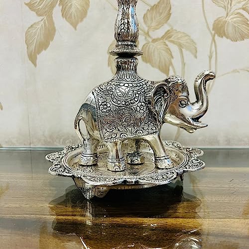 Image of German Silver Peacock Samai Pair | Diya Stand Set of 2 with Elephant Base & Plate | Big Size Deepam for Pooja, Temple & Home Decor | Kuthu Vilakku Oil Lamp | 20 x 6.5 Inch | Hand Engraved