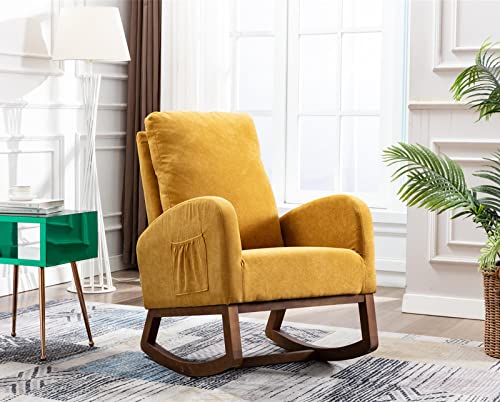 Image of Modern Accent Rocking Chair, Upholstered Glider Rocker for Adult, Comfy Armchair with Side Pocket, Living Room Lounge Arm Chair with High Backrest (Mustard Yellow)