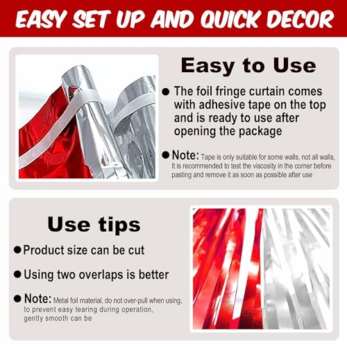 Image of 3 Pack Red Silver Foil Fringe Curtains Backdrop, 3.28 x 9.8 Ft Metallic Streamers Tinsel Curtains Background for Photo Booth, Carnivals, Birthdays, Weddings, New Year Party Decorations