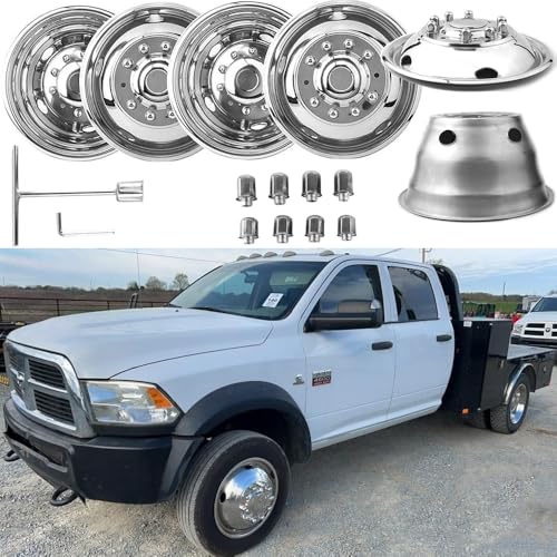 Image of 4pcs 19.5 inch Polished Stainless Steel Dually Wheel Simulator fit for 2012-2025 Dodge Ram 4500 5500 Pickup,10 Lug Hubcaps 5 Hand Hole Bolt On Wheel Cover D19F6