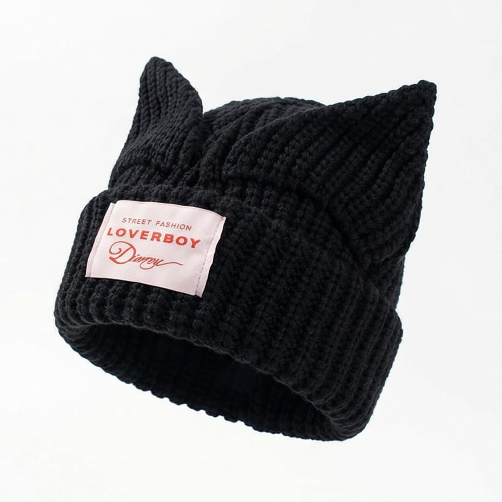 Cat Ear Beanie Y2K Cute Knit Hat with Ears Warm Crochet Hat Skull Cap for Women Men - Image 2