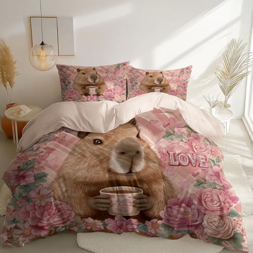 Juegos de Fundas 200 x 200 cm, Suave Microfibra Romance Capibara Rosas Estampada Antialérgico Anti Decoloración Rosa Claro Juego de Funda Nordica Cama - para Adultos y niños