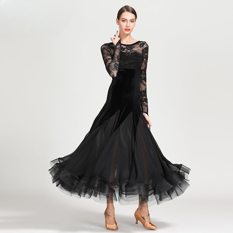 Elegancka damska aksamitna sukienka do tańca towarzyskiego z koronkowymi rękawami, nowoczesne sukienki do walca i tanga, długie spódnice typu swing, suknia balowa (czarna, mała)