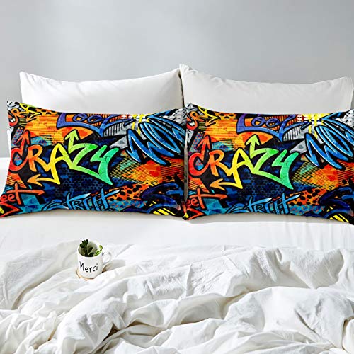 Loussiesd Hippie Graffiti Style Bedding Set Teens Hip Hop Decor Duvet Cover for Kids Boys Girls Graffiti Pattern Comforter Cover Street Culture Collection 2Pcs Single Size - Image 3