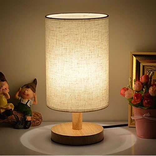 Table Lamps with LED Bulb INVESCH Bedside Minimalist Solid Wood Table Lamp for Bedroom Living Room Linen Fabric Shade E26/E27 Base Desk Lamp with ON/Off Switch