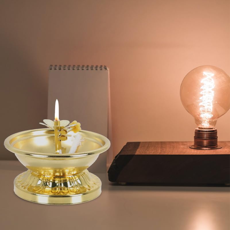 Cabilock 2Pcs Golden Alloy Butter Lamp Holders for Temple and Home Decor, Vintage Style Oil Lanterns, 3.54 X 3.54 X 2.55 Inch