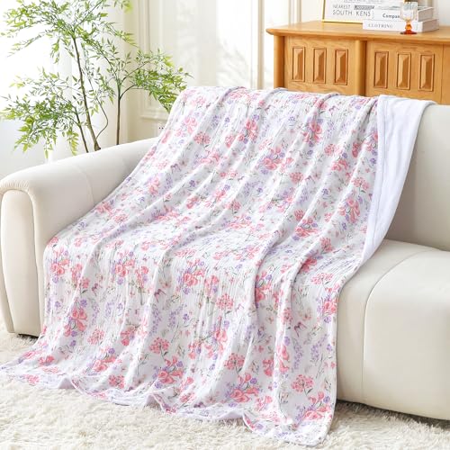 Viviland manta de forro polar reversible, manta de muselina suave para sofá y cama, edredón transpirable para adultos, grande 50x70 pulgadas, flores rosa y púrpura