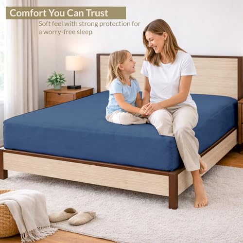 Image of 100% Waterproof Mattress Protector Queen Size Bed 60x75 Inch, Non Woven Fabric Fitted Mattress Cover with Elastic, Waterproof Bed Protector, Hypoallergenic, 10 Inch Deep Pocket - Navy Blue
