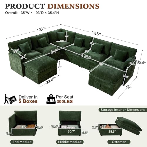 Image of Ihanherry Oversized Modular Sectional Sofa with Storag, 8-Seater V Shaped Cloud Couch with Movable Ottomans, Chenille Deep Seat Corner Couches for Living Room (Green)