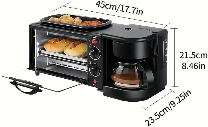 3-in-1 Breakfast Station with Coffee Maker, Toaster Oven, and Frying Pan, Multifunctional Sandwich Maker, 2.38 Gallon Capacity