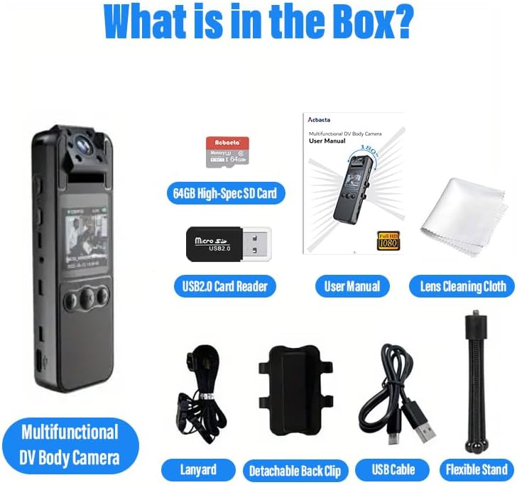 Contents of the Acbaeta Mini Body Camera package