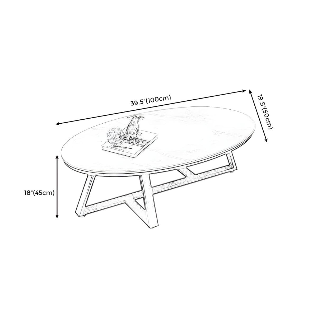 Table Basse Ovale Nordique en marbre – Plateau Blanc/Gris, Base Noire – 100 x 49 x 46 cm