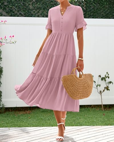 Image of BTFBM Summer Dresses for Women 2025 Vacation V Neck Loose Short Sleeve A Line Tiered Flowy Casual Midi Beach Dress
