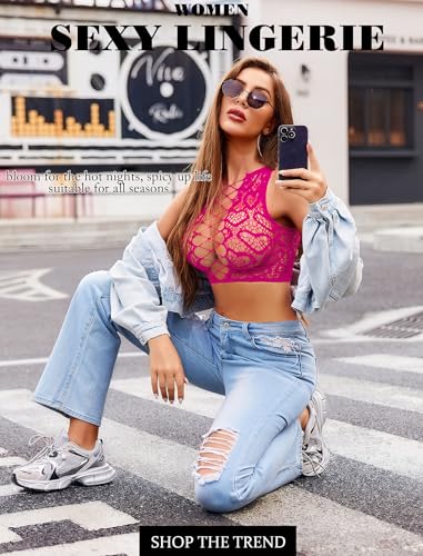 Image of Avidlove Womens Fishnet Lingerie Set Sexy Two Piece Lingeries Hollow Out Stripper Outfit Heart Print Mesh Crop Tops