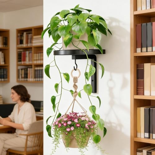 Support mural pour étagère et pot de fleur en métal robuste lot de 2 pièces noires