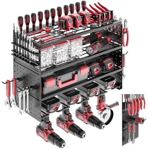 ODSNANIE 4 Ebenen Werkzeug Wandhalterung,Wandhalterung Schlagbohrschrauber Werkzeugregal für 4 Elektrowerkzeug, Metall Werkzeugorganizer mit seitlichem Schraubendreher für Garage,Werkstatt