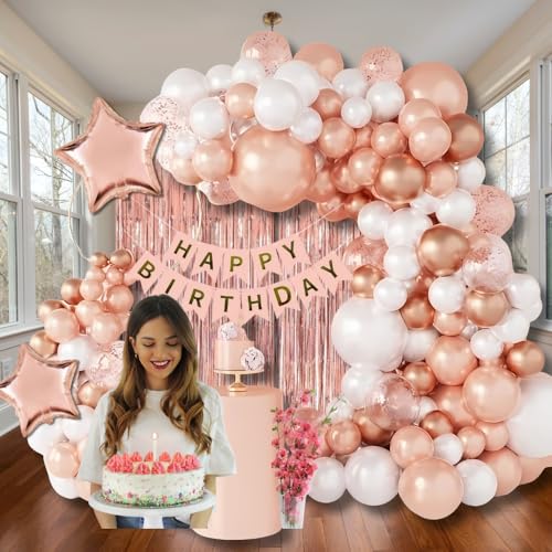 Image of Shimmers 54 Pc Birthday Decoration Combo with Happy Birthday Banner, Rose Gold & White Metallic Balloons, Tinsel Curtains, Heart & Star Foil Balloons, Glue Dots & Arch Roll for Party Decoration Setup