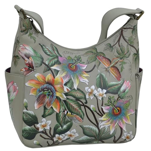 Image of Anuschka Women's Hand-Painted Genuine Vegetable Tanned Leather Classic Hobo With Side Pockets - Floral Passion