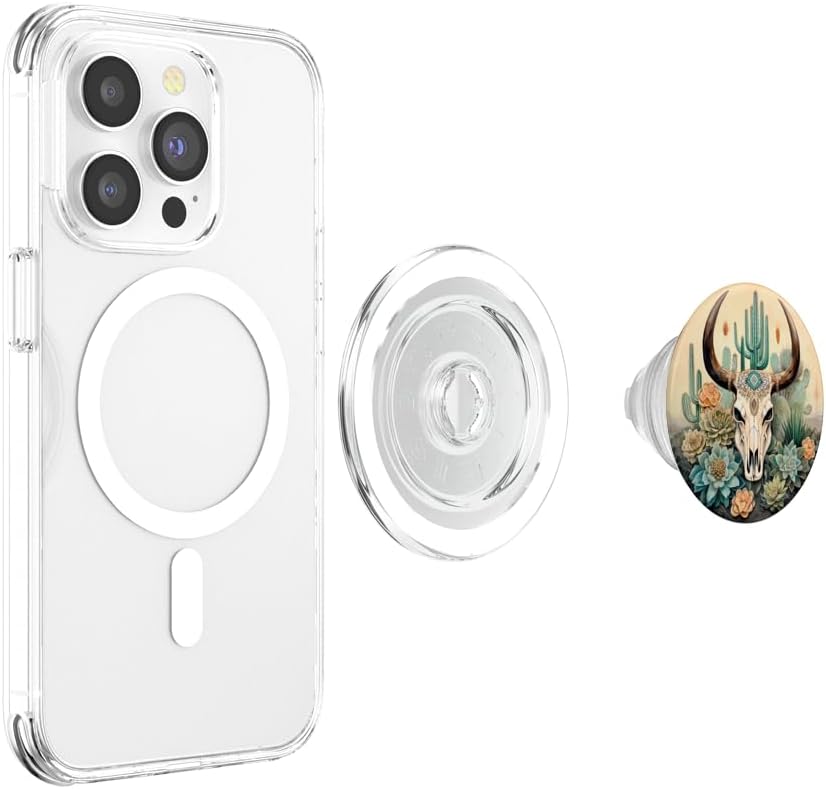Western Boho Chic Longhorn Bull Skull Cactus Beige Pattern PopSockets MagSafe PopGrip for iPhone
