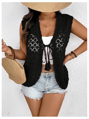 Verdusa Women's Plus Size Bow Tie Hollow Out Sweater Vests Sheer V Neck Lightweight Cardigans4