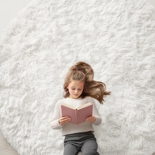 OLANLY Ivory Round Rugs for Bedroom - Machine Washable, 7 ft Circle Area Rugs for Living Room, Soft and Fluffy Shaggy Carpet for Teen Girls and Boys, Nursery Rooms, Dorms, Home Decor Aesthetic
