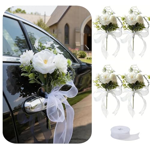 4 PCS Wedding Car Door Handle Flowers — Artificial Rose Bouquet Decoration Set with Ribbon— Bridal Car Floral Accessories, Multi-Rose Arrangements for Just Married, Anniversary, Special Occasion