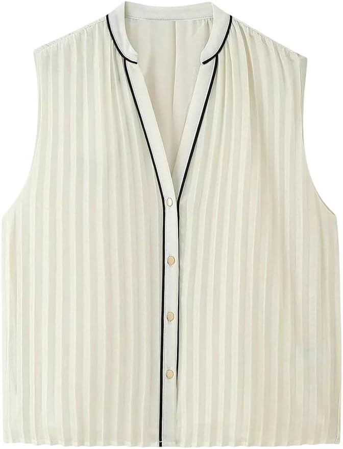 Women Pleated Outfit Set Sleeveless V-Neck Button Down Top and High Waist Midi Skirt with Belt