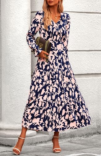 BTFBM Women Fall Dresses 2025 Casual Long Sleeve V Neck Maxi Dresses Floral Boho Long Dress Wedding Guest Dress