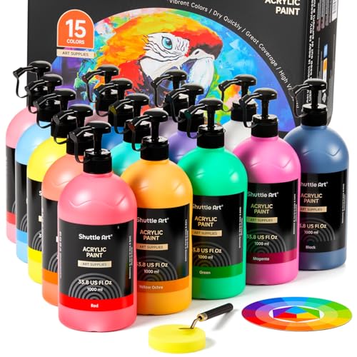 Shuttle Art 15 Colors Acrylic Paint Set, 33.8oz/1000ml Large Capacity Pump Bottles, Rich Pigments, High Coverage Paint, Fast Drying, Non-Toxic, for Canvas Wood Ceramic Rock Painting & DIY Cr