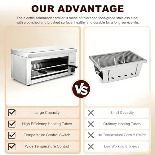 Asador salamandra Comercial de 2000 W, Parrilla eléctrica termostática con Altura Ajustable y construcción de Acero Inoxidable para derretir Queso, Pizza y Asar en la Cocina.
