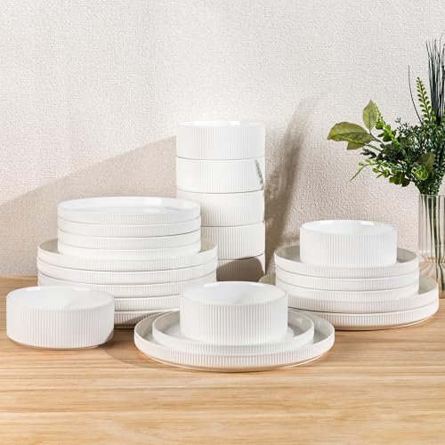 Image of TheTerra Ceramic Dinnerware Sets for 8, 24 Pieces Porcelain Lightweight Plates and Bowls Sets, Scratch Resistant Dish Set, Oven & Microwave & Dishwasher Safe, Pure white