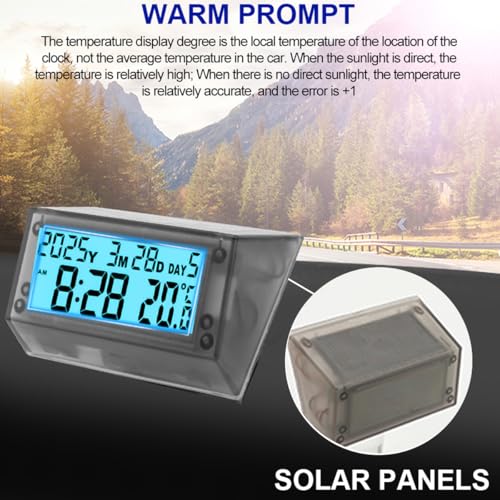 VEQENMOT Solarbetriebene LCD-Uhr - Wasserdichte stoßfeste Auto-Multifunktions-Digitaluhr mit Zeit, Datum, Woche, Temperatur, Haltebügel für Auto, Motorrad, Fahrrad, blaues Licht