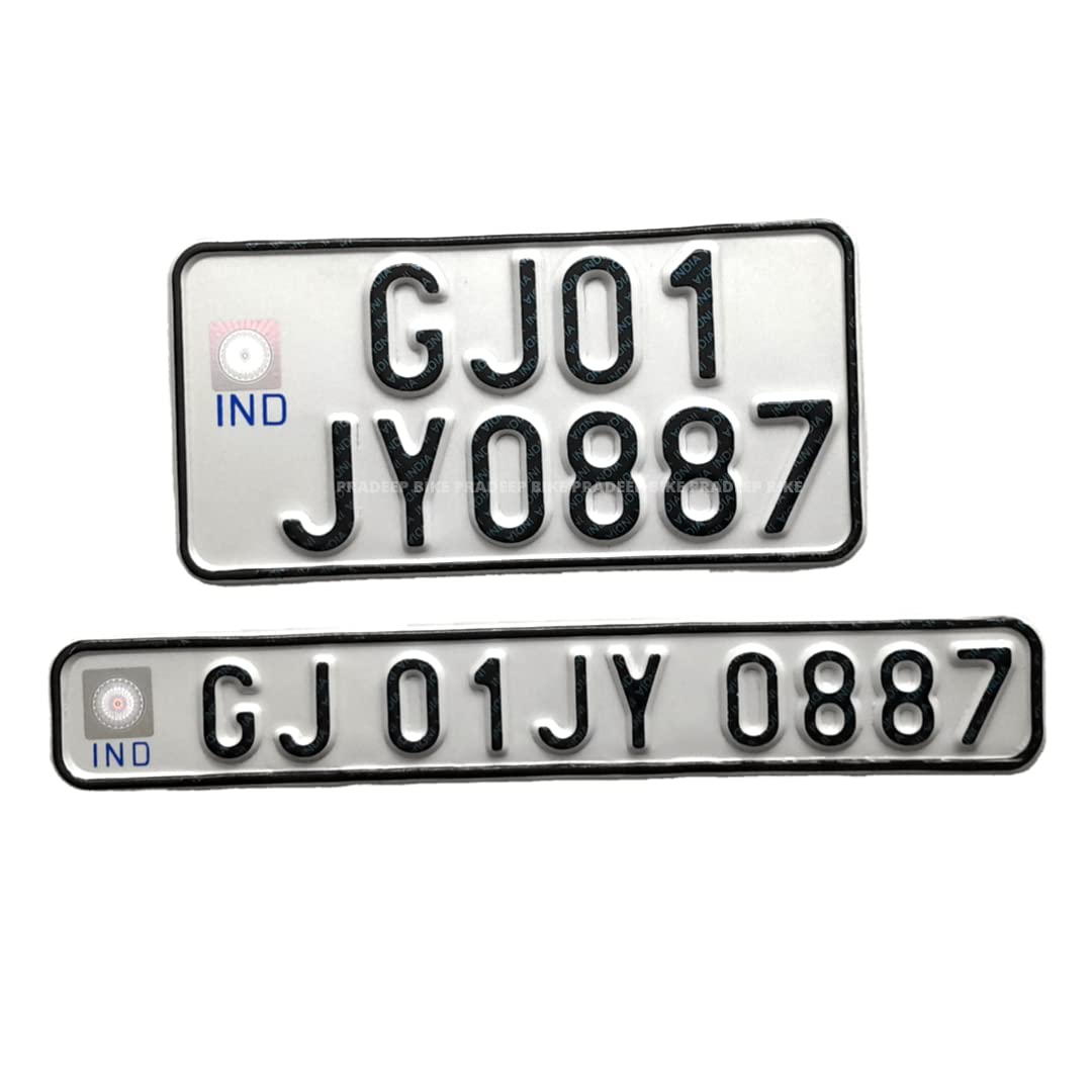 IND Bike Accessories Costomized Fancy Aluminium Bike Number Plate 2 PIECE, with Name or Number Embossed White | (Black Fon...
