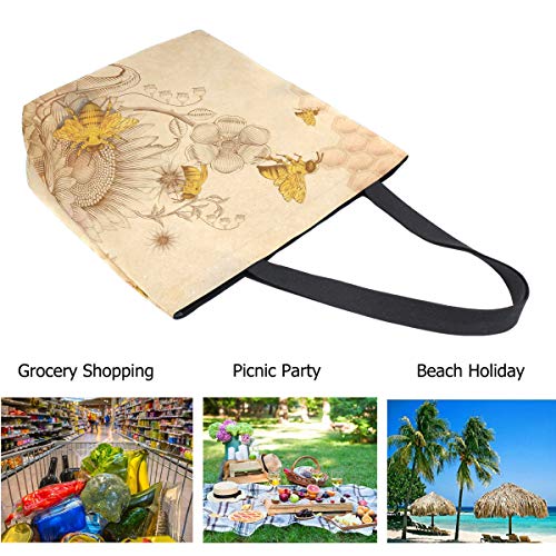 Zzwwr Rural Honey Bees Wildflowers Extra Large Canvas Shoulder Tote Top Handle Bag For Gym Beach Travel Shopping #TOP3