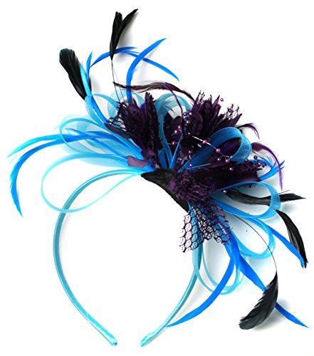Serre-tête bibi bleu et violet chapeau bibi de cérémonie chic à plumes Caprilite Fashion