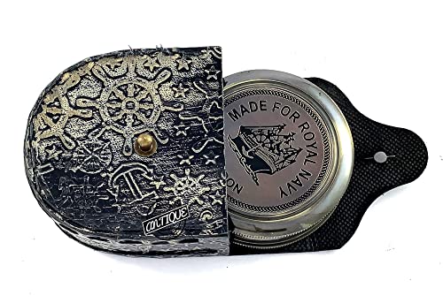Victorian Antique Brass Desktop Magnifying Glass + Royal Navy Brass Compass in Vintage Leather Case