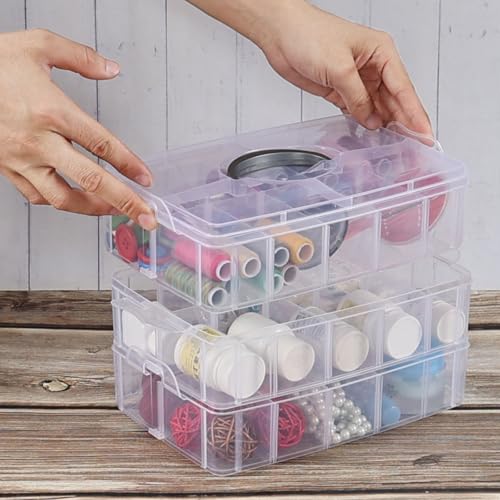 Image of Vababa Clear 3-Tier Stackable Storage Containers with Adjustable 30 Compartments, Jewelry Sewing Storage Box with Handle