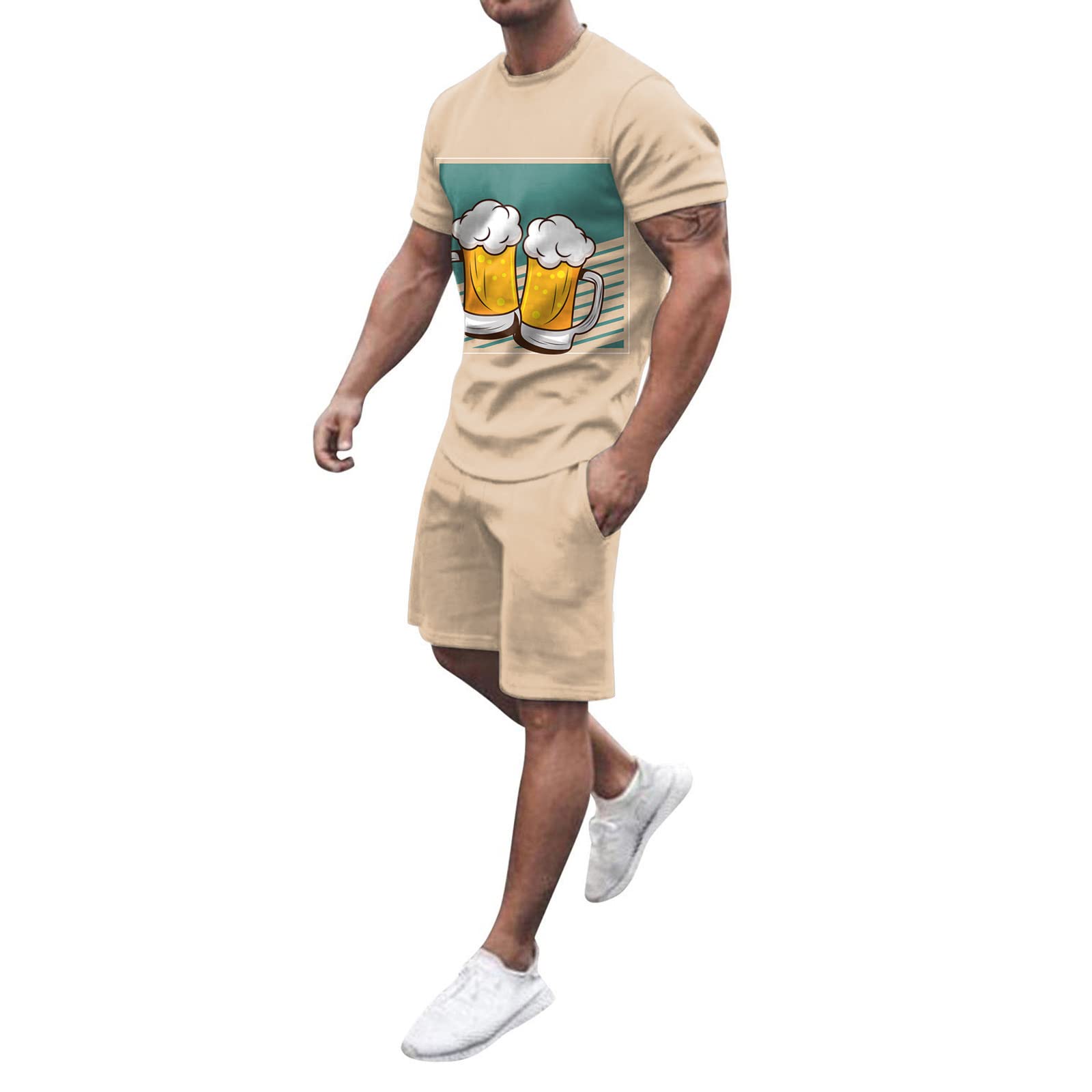 QWUVEDS Oktoberfest - Conjunto de camiseta de manga corta para hombre de 2 piezas, camiseta de manga corta y pantalones cortos, conjunto de tops y pantalones cortos, conjunto de verano para hombre, traje de