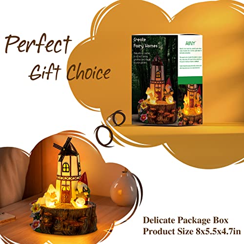 Aiiny Solar Windmill Fairy Tower House, Fairy Garden Accessories Stump House Gnome Decor Hold Shovel In Hand Squirrel, Snail Flowers Outdoor Statues Illuminated Lawn Ornaments Figurines Lights Yard #TOP5