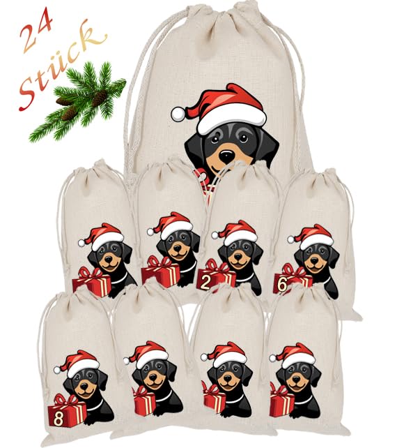 Adventskalender zum Befüllen, 24 Stoffbeutel, Bedruckt 20x15 Groß, Hund, Hunde, Weihnachten Geschenksäckchen, Säckchen, DIY Selber Befüllen, Weihnachtskalender