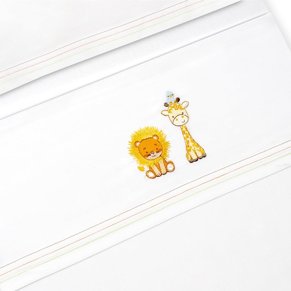 Interbaby - Parure de lit pour Berceau 50 x 80 cm, 100% Coton, avec Drap-Housse, Drap Plat et taie d'oreiller, idéale pour Printemps, été, Lion Girafe Oiseau Blanc