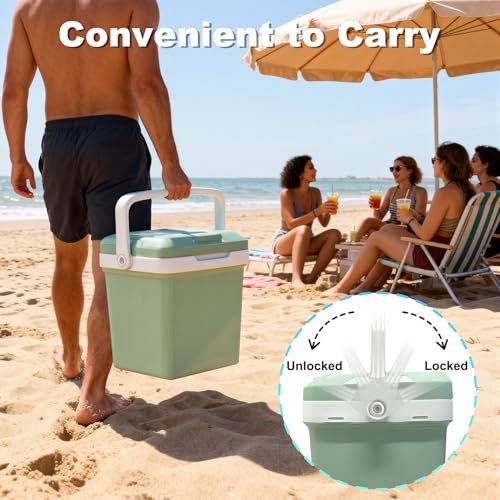 Image of Electric Cooler, 26 Liter Mini Fridge with Automatic Locking Handle (Green) | Large Capacity Car Refrigerator, Dual-use Car Fridge, Portable Car Cooler for Picnic, Travel, Outdoor, Camping, Home, Gift