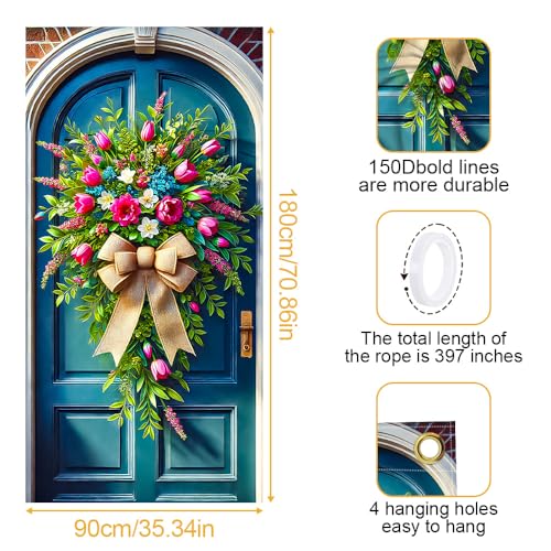 Image of Spring Tulip Bouquet Door Cover 35x71in Hydrangea Bow