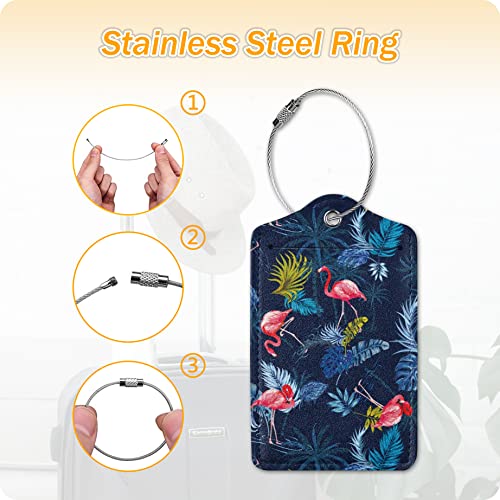 Image of Set of 2 Luggage Tag Suitcases Tag with Privacy Name Lable ID Card PU Leather Baggage Tags for Men Women Travel (Flamingo-2)