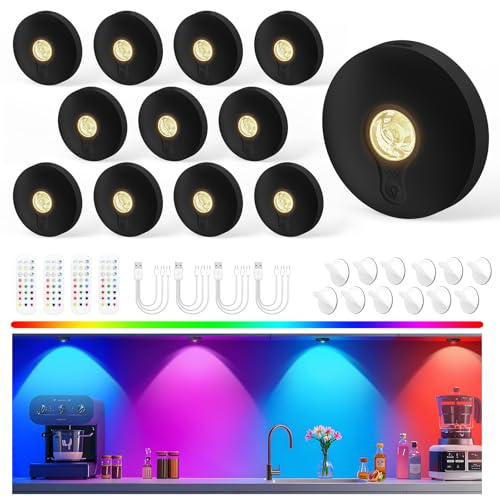 Rechargeable Puck Lights with Remote 12 Pack Magnetic Under Cabinet Lighting 1500mAh Battery Operated LED Tap Lights with Dimmer & Timmer for Kitchen Closet Shelf - 3 Color Temps & 12 RGB Black